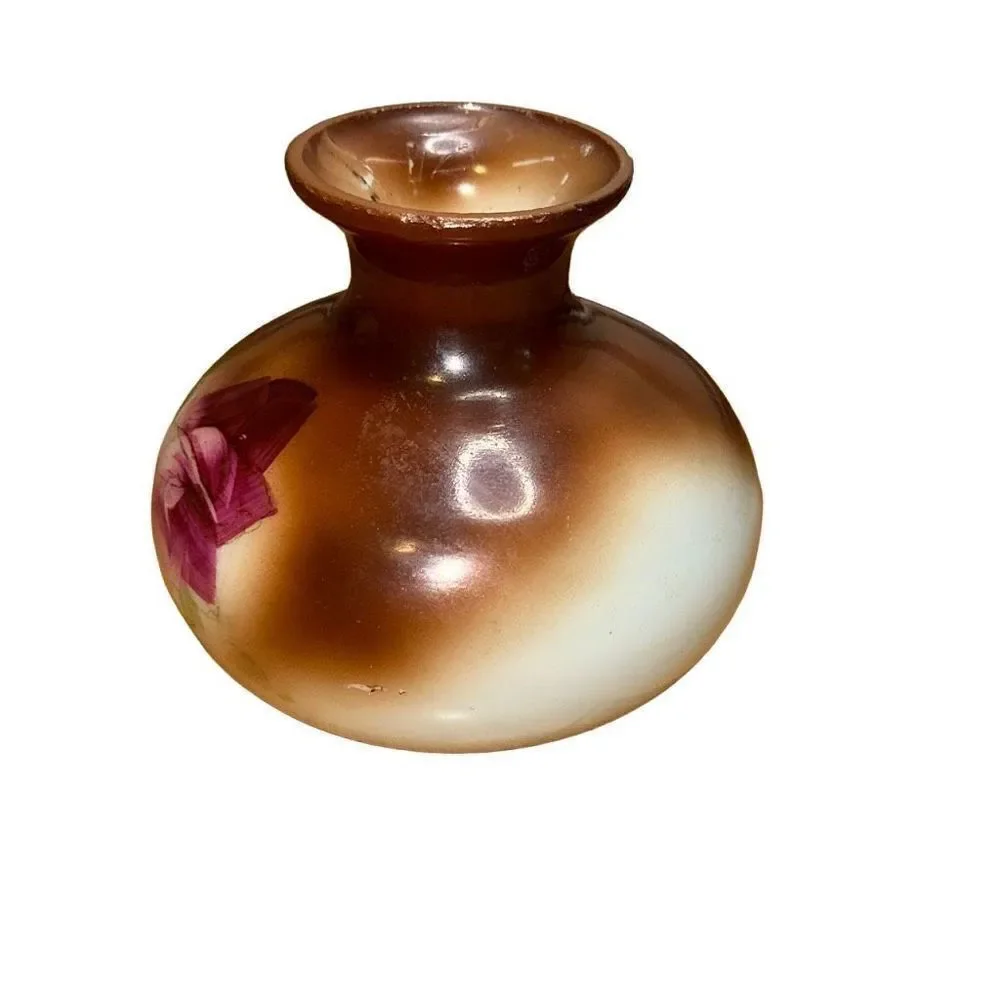 HAND PAINTED MILK GLASS VASE - Squat & Round Brown with Red Rose VINTAGE COUNTRY